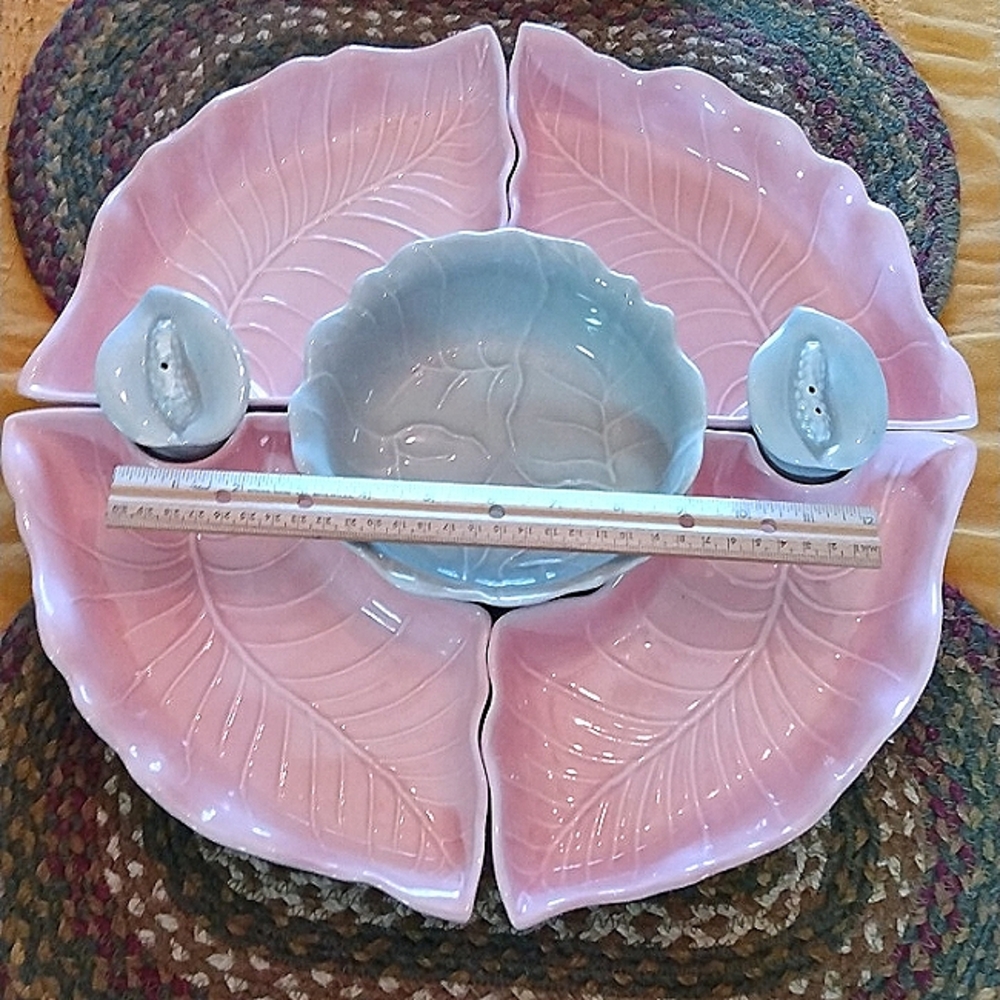Vintage USA Pottery Mid Century Pink Blue Serveware